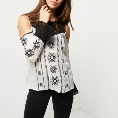 Cream embroidered cold shoulder top